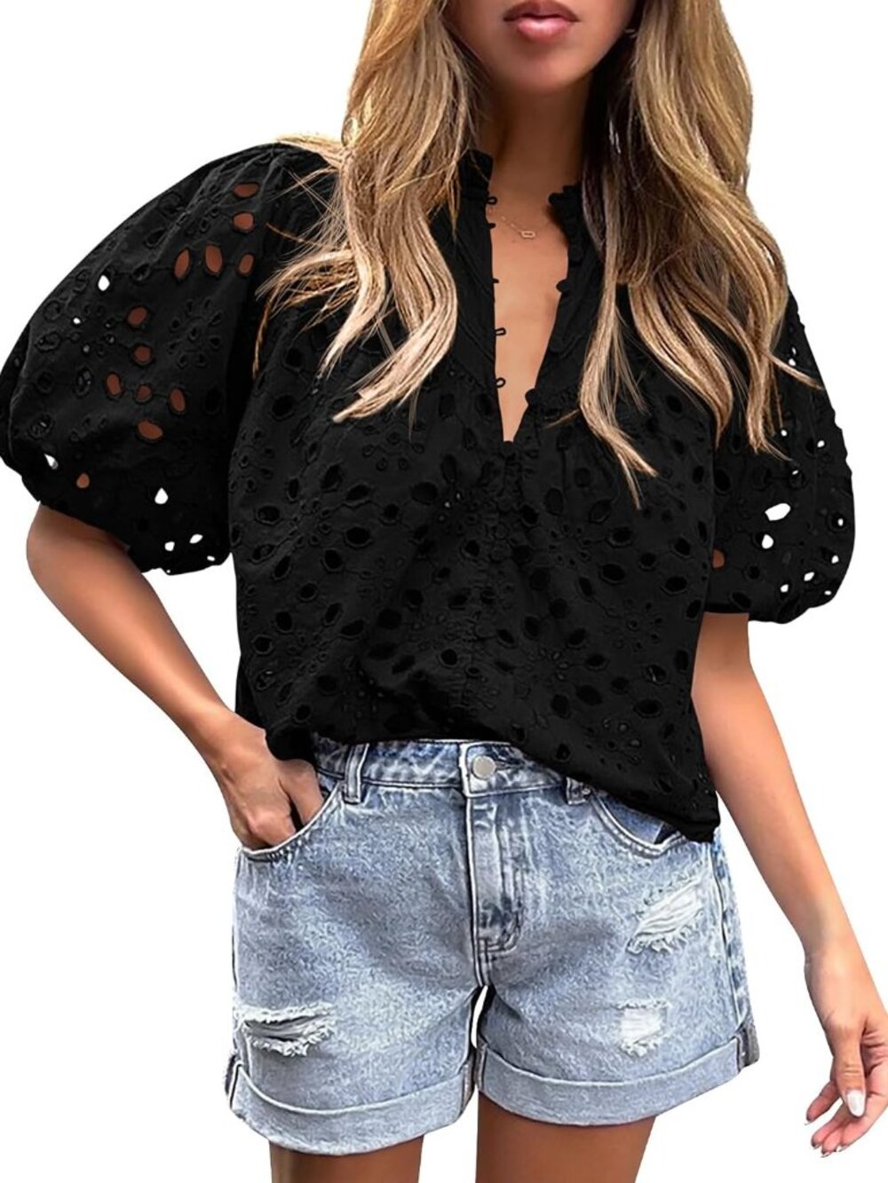 Womens Tops Boho Eyelet Puff Sleeve Blouse